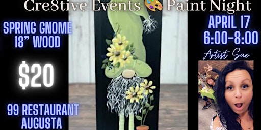 Imagen principal de $20 Paint Night -Spring Gnome 18” Wood- 99 Restaurant Augusta