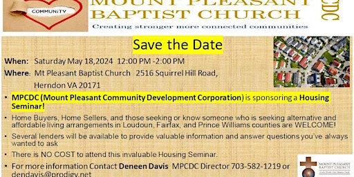 Primaire afbeelding van (Mount Pleasant Community Dev. Corp.) is sponsoring a a Housing Seminar!