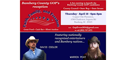 Imagem principal do evento Bamberg County GOP's Faith, Family, and Freedom reception