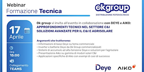 Webinar 17/04  su DEYE e AIKO: Soluzioni avanzate per il C&I e agrisolare