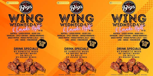 Primaire afbeelding van WINGSWEDNESDAY & KARAOKE NIGHT AT BIGS AMERICAN BAR & GRILL AZ ALL AGES