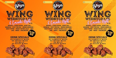 Primaire afbeelding van WINGSWEDNESDAY & KARAOKE NIGHT AT BIGS AMERICAN BAR & GRILL AZ ALL AGES