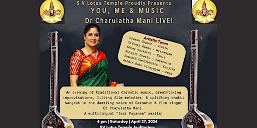 Image principale de You, Me & Music by Dr. Charulatha Mani Live!