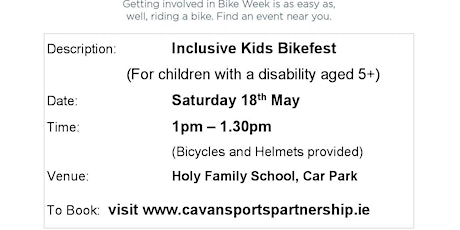 Inclusive Kids Bikefest Cootehill1pm-1.30pm for children with a Disability