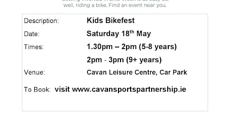 Kids Bikefest Cootehill(2pm-3pm) for children aged 9+years