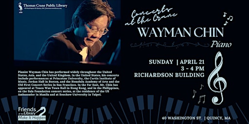 Image principale de Concerts at the Crane: Wayman Chin ~ Piano