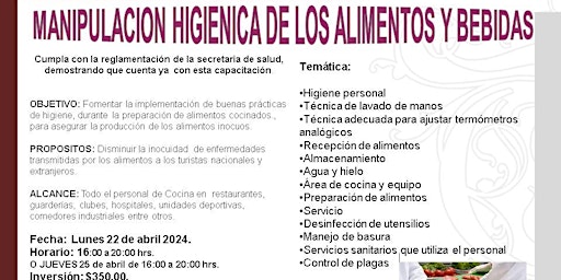 Image principale de CURSO MANIPULACIÓN HIGIENICA DE LOS ALIMENTOS NOM. 251