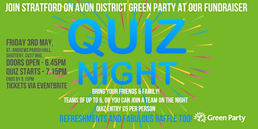 Primaire afbeelding van Stratford on Avon District Green Party Quiz Night!