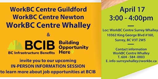 Image principale de BCIB Information Session at  Whalley WorkBC Centre