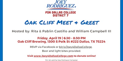Imagem principal do evento Joey Rodriguez for Dallas College District 7 - Oak Cliff Meet & Greet