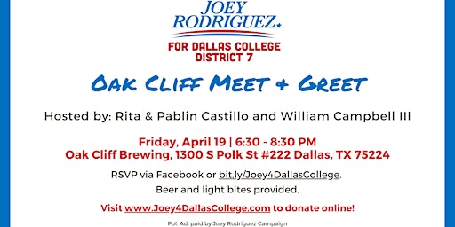 Primaire afbeelding van Joey Rodriguez for Dallas College District 7 - Oak Cliff Meet & Greet