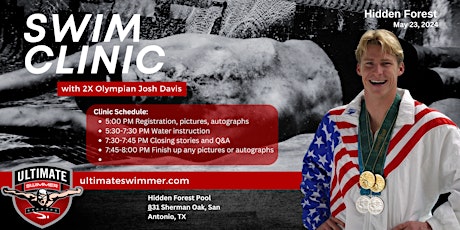 Immagine principale di Hidden Forest Swim Clinic Olympian Josh Davis May 23, 5-8pm, age 8-18 
