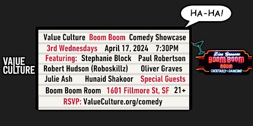 Immagine principale di Value Culture Boom Boom Room Comedy Showcase (3rd Wednesdays) 