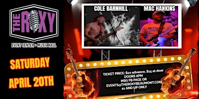 COLE BARNHILL LIVE AT THE ROXY SATURDAY APRIL 20TH 2024! primary image