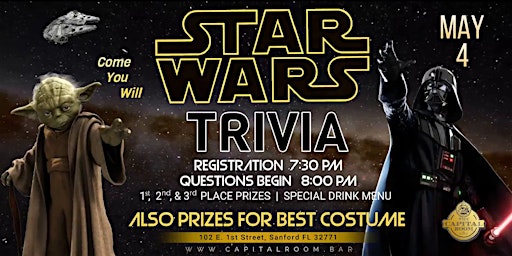 Imagem principal do evento STAR WARS TRIVIA & Costume Contest!