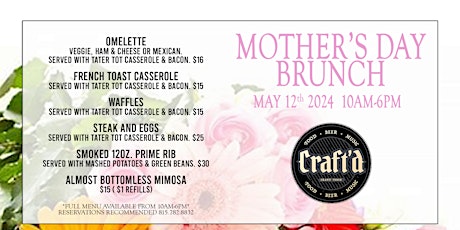 Mother's Day Brunch 2024 - Sunday May 12th from 10 AM - 6 PM - Plainfield