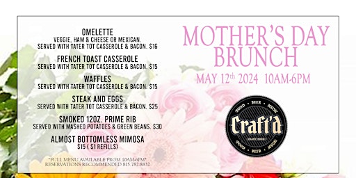 Image principale de Mother's Day Brunch 2024 - Sunday May 12th from 10 AM - 6 PM - Plainfield