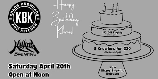 Imagem principal do evento Khaos Brewcade & Kitchen 3rd Anniversary Party - Saturday 4/20/24