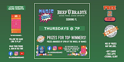 Imagem principal de Music BINGO  | Beef 'O' Brady's - Sebring FL - THUR 7p @LeaderboardGames