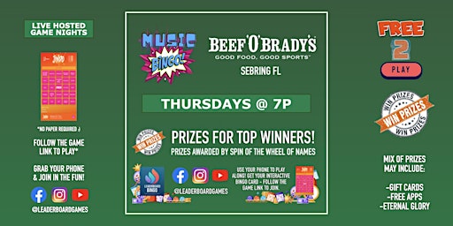 Imagem principal do evento Music BINGO  | Beef 'O' Brady's - Sebring FL - THUR 7p @LeaderboardGames