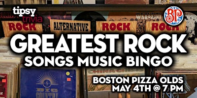 Imagem principal do evento Olds: Boston Pizza - Greatest Rock Mix Music Bingo - May 4, 7pm