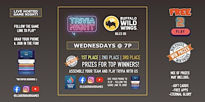 Primaire afbeelding van Trivia Night | Buffalo Wild Wings - Niles OH - WED 7p @LeaderboardGames