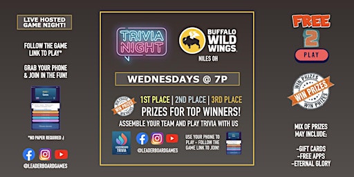 Imagem principal do evento Trivia Night | Buffalo Wild Wings - Niles OH - WED 7p @LeaderboardGames