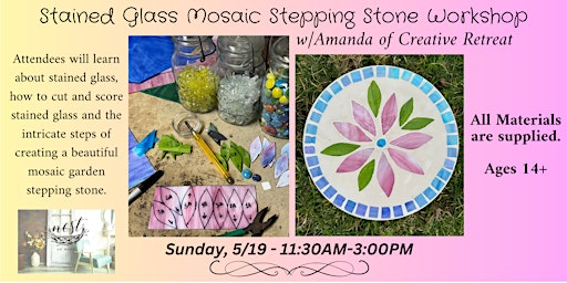 Imagem principal de Stained Glass Mosaic Stepping Stone Workshop w/Amanda-Creative Retreat