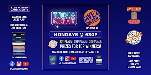 Hauptbild für Trivia Night | Dave & Buster's - Richmond VA - MON 630p @LeaderboardGames