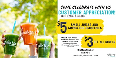 Immagine principale di Nekter Juice Bar Customer Appreciation in Gambrills, Maryland! 