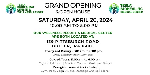 Grand Opening: Tesla BioHealing Medical Center | Tesla BioHealing Wellness Resort in Butler, PA! primary image