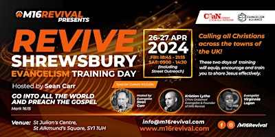 Primaire afbeelding van REVIVE SHREWSBURY EVANGELISM TRAINING FRI 26TH APRIL 18:45 & SAT 27TH 09:00