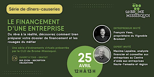 SÉRIE DE DÎNERS-CAUSERIES : Le financement d'une entreprise primary image