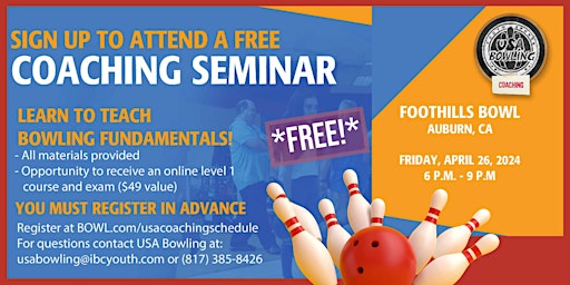 Imagen principal de USA Bowl offers FREE youth coaching seminar at Foothills Bowl in Auburn