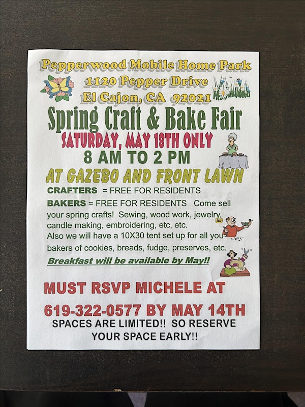 Pepperwood Parks 4th Annual Craft and Bake Sale