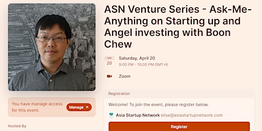 Primaire afbeelding van ASN Ventures Series: Ask Me Anything with Boon Chew