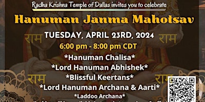 Hanuman Jayanti celebrations at Radha Krishna Temple of Dallas primary image