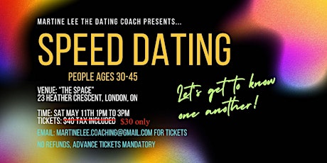 #1 SPEED DATING EVENT (ages 30 to 45 roughly) - MEN'S TICKETS SOLD OUT
