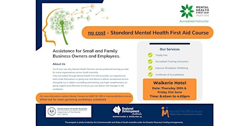 Hauptbild für Two Day - Mental Health First Aid Course Registration - Waikerie Hotel Motel