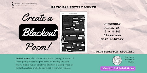 Imagem principal do evento National Poetry Month: Make a Blackout Poem!