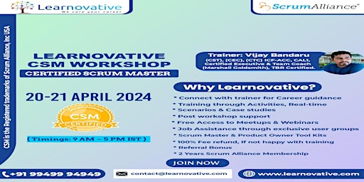 CSM Certification Online Training  20-21 April 2024 | Learnovative primary image