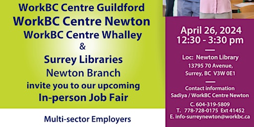 Hauptbild für WorkBC In-Person Job Fair at Newton Library / Multi-sector Employers