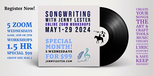 Hauptbild für Songwriting with Jenny Lester | Zoom 5 WEDNESDAYS MAY 2024 Sign up!