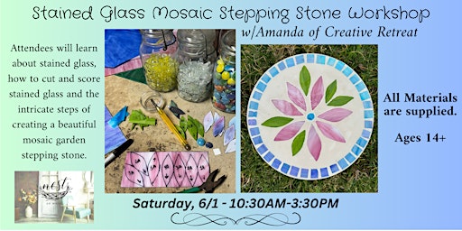 Imagen principal de Stained Glass Mosaic Stepping Stone Workshop w/Amanda-Creative Retreat