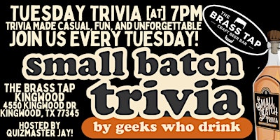 Primaire afbeelding van Tuesday Trivia Night at Brass Tap Kingwood: Every Tuesday at 7:00 PM