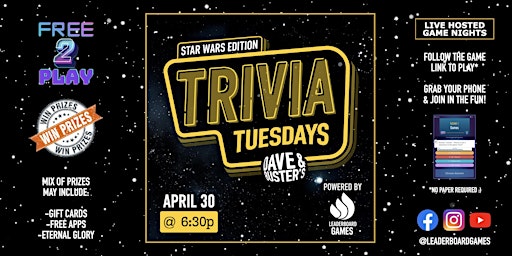 Primaire afbeelding van STAR WARS Theme Trivia | Dave & Buster's - Lubbock TX - TUE 04/30 @ 630p