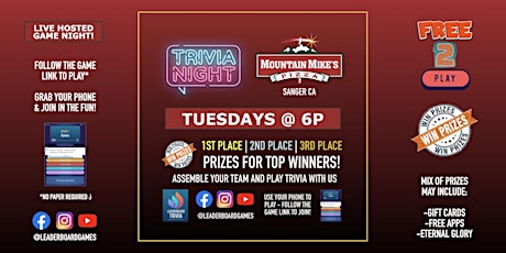 Trivia Night | Mountain Mike's Pizza - Sanger CA - TUE 6p @LeaderboardGames