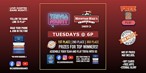 Imagem principal de Trivia Night | Mountain Mike's Pizza - Sanger CA - TUE 6p @LeaderboardGames