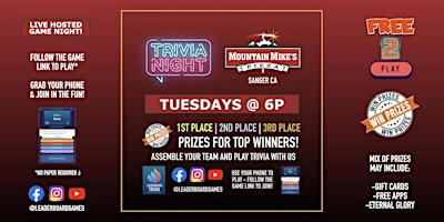 Primaire afbeelding van Trivia Night | Mountain Mike's Pizza - Sanger CA - TUE 6p @LeaderboardGames
