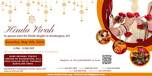 Hindu Singles speed dating  Event ISKCON Potomac MD May 11 2024 2-5 pm primary image